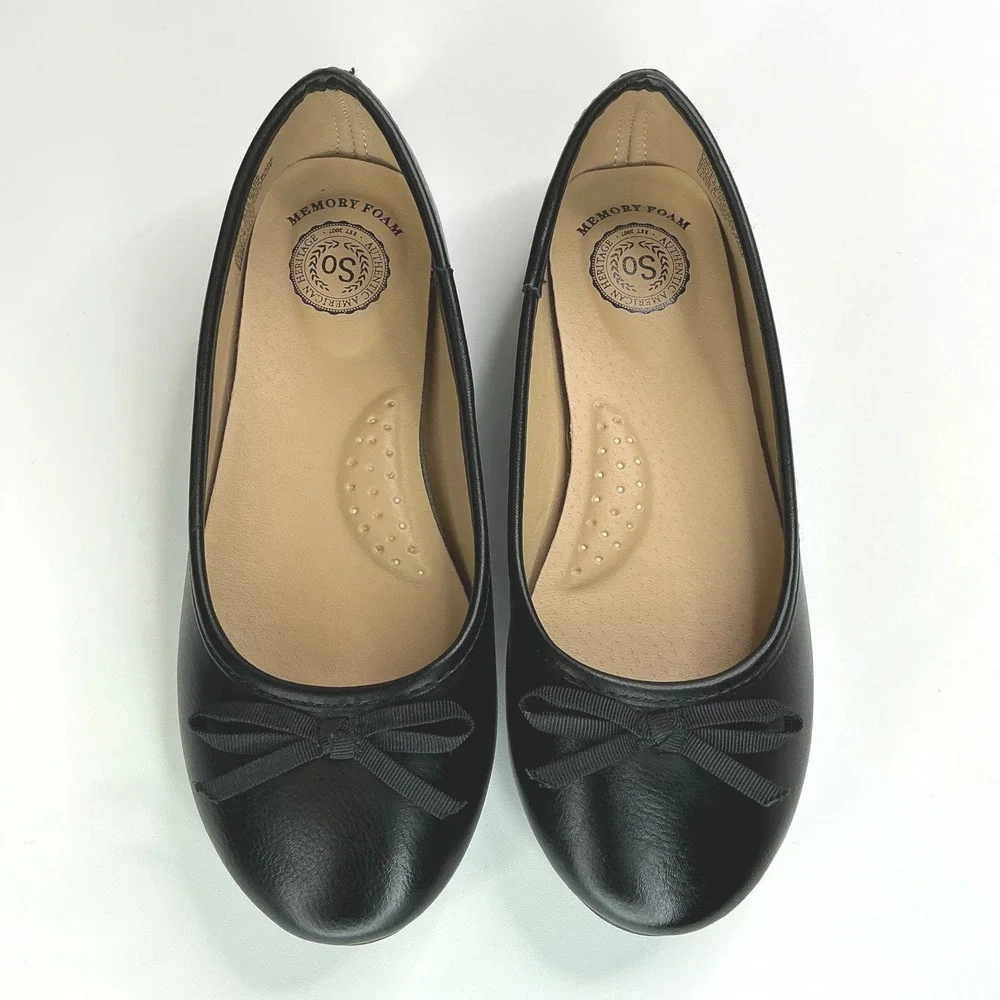 SO Black Ballet Flats Girls Size 1 Memory Foam Bow Detail Classic Dress Shoes